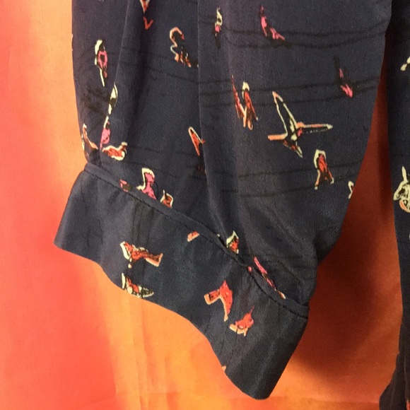 Madewell Silk Dress Size 6 Navy with Abstract Red birds Elastic waist Lined - Picture 4 of 14